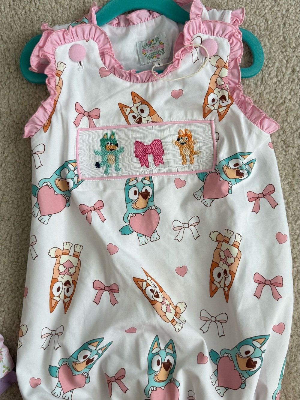 NWOT 4T Bluey Pink Bow Smocked Kids Bubble One-Piece